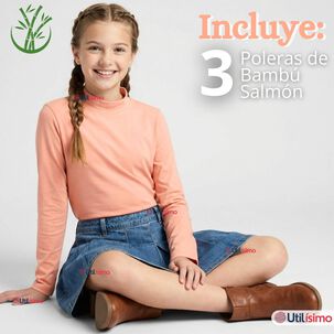 Pack 3 Poleras Camisetas Bamb&uacute; Salm&oacute;n Cuello Beatle Primera Capa Manga Larga Ni&ntilde;a