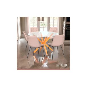 Mesa De Comedor Redonda De Vidrio Cross 120cm + 5 Silla Macron Terciopelo - Beige