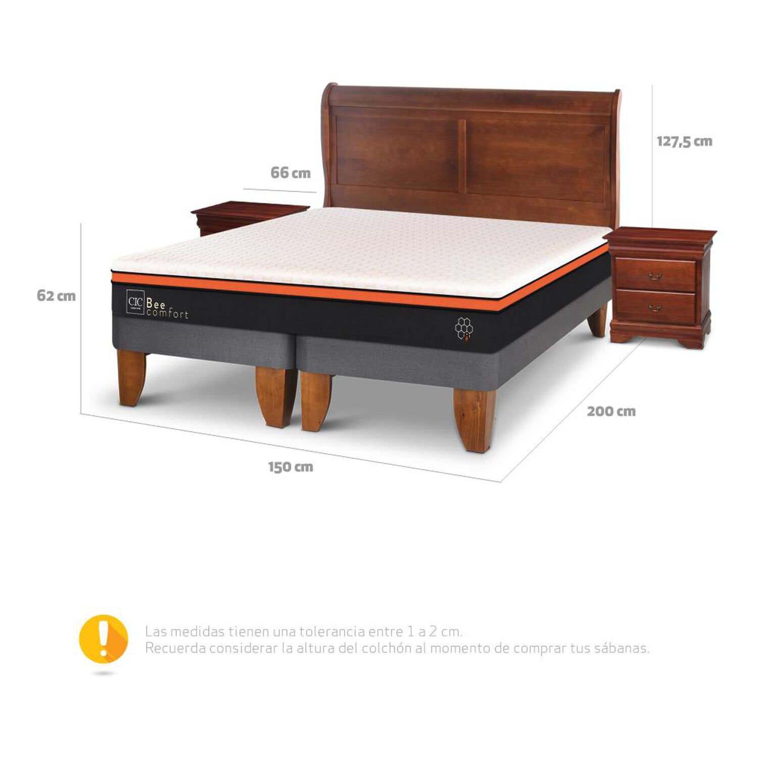 Cama Europea Cic Bee Comfort / 2 Plazas / Base Dividida + Set De Maderas image number 2.0