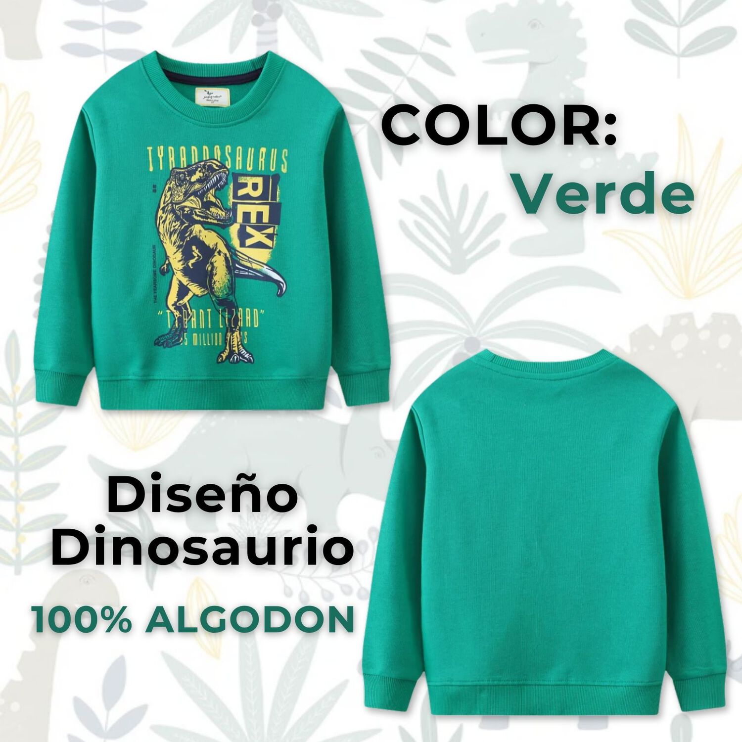 Poler&oacute;n Ni&ntilde;o Manga Larga 100% Algod&oacute;n Verde Dinosaurio image number 1.0