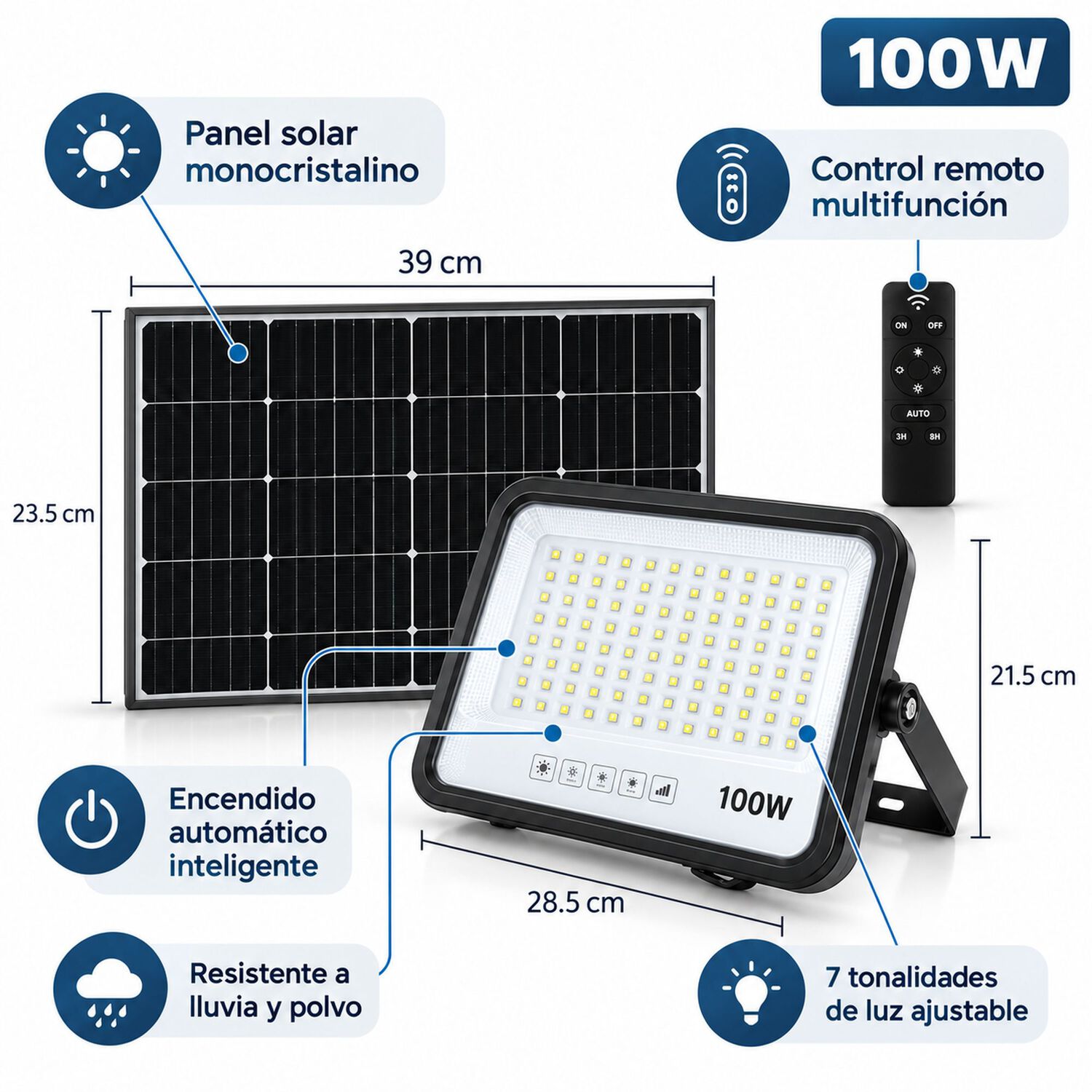 Proyector Led 100w Ip68 Con Panel Solar Independiente + Cable 5mt image number 6.0