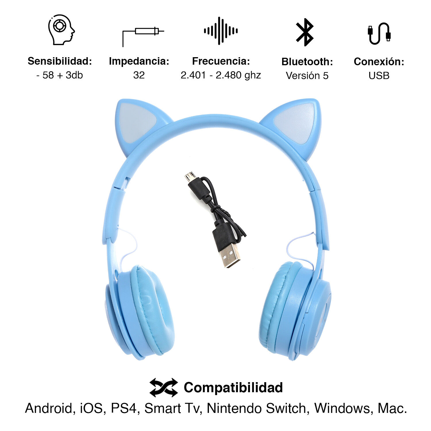 Aud&iacute;fonos Headphones Y08m Celeste image number 2.0