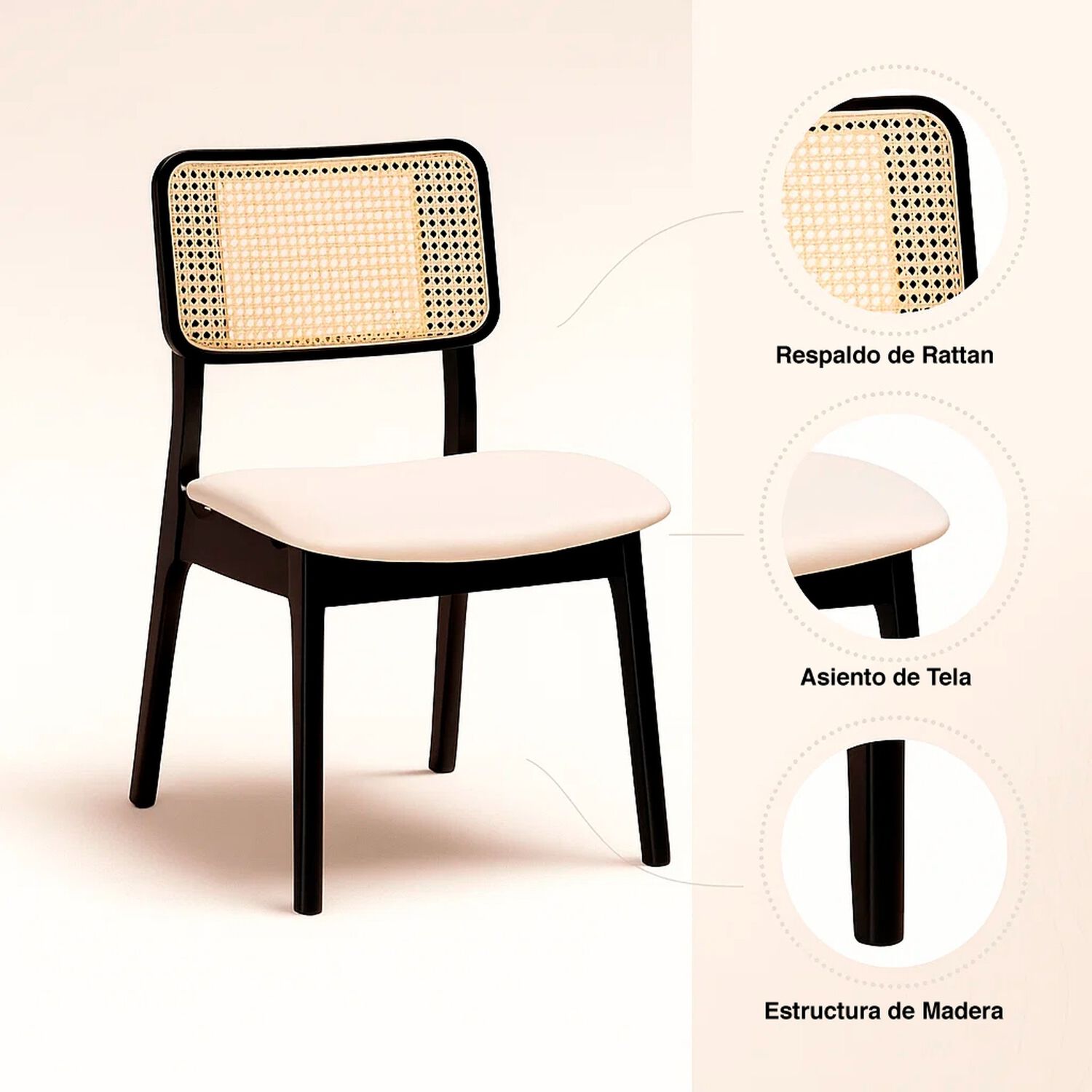 Silla De Comedor Con Respaldo De Rat&aacute;n Y Asiento Tapizado - Beige image number 4.0