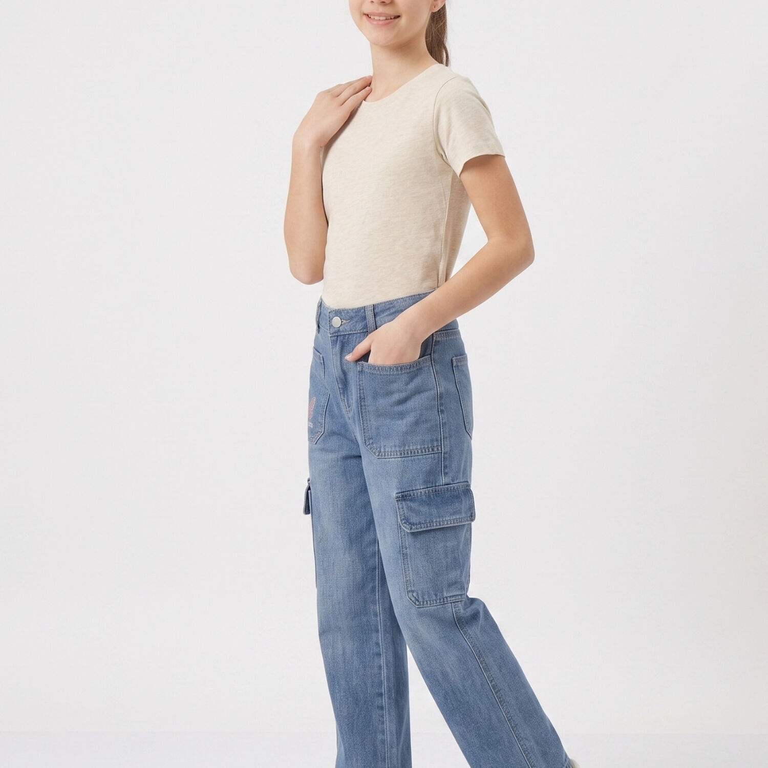 Pantalon Cargo Ni&ntilde;a Jeans Moda Urbana Con Bolsillos image number 3.0