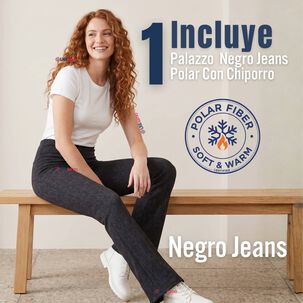 Pantal&oacute;n Polar Con Chiporro Palazzo Mujer Elasticada T&eacute;rmica Negro Jeans