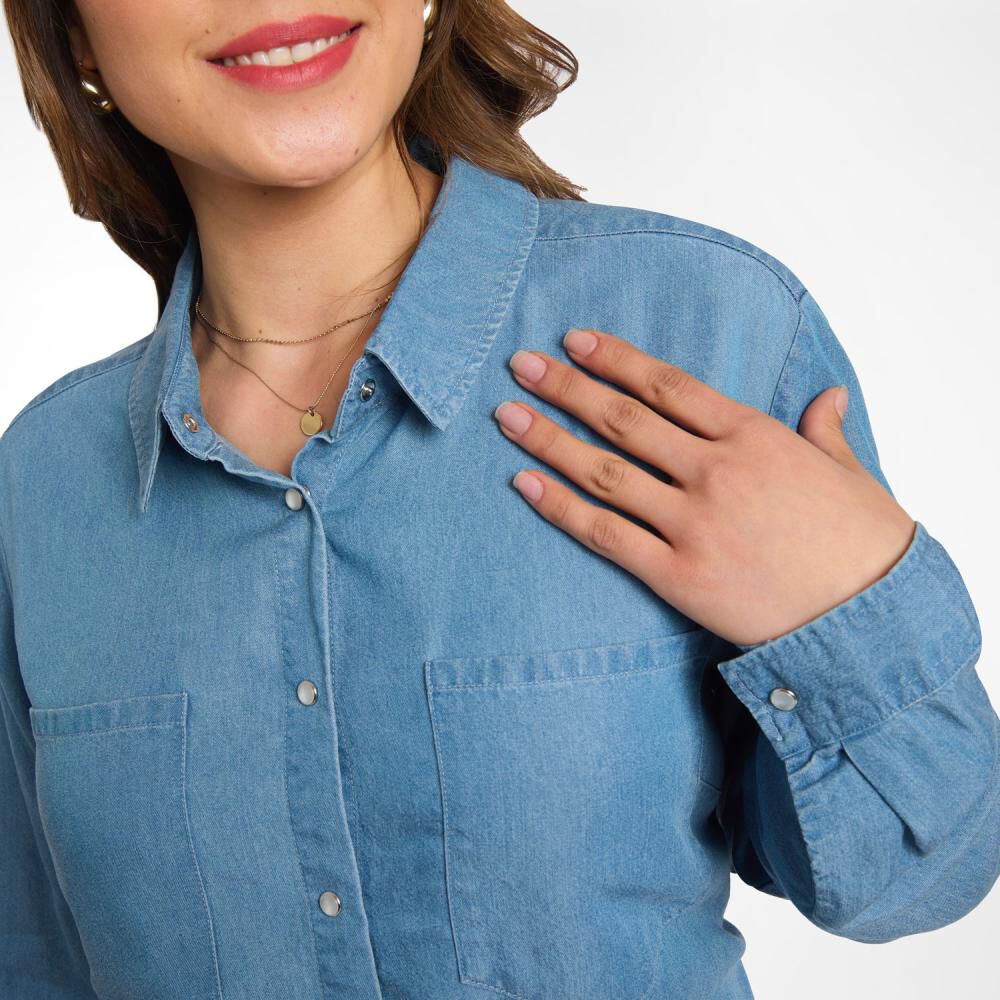 Blusa Denim Manga Larga Cuello Camisero Mujer Sexy Large image number 4.0