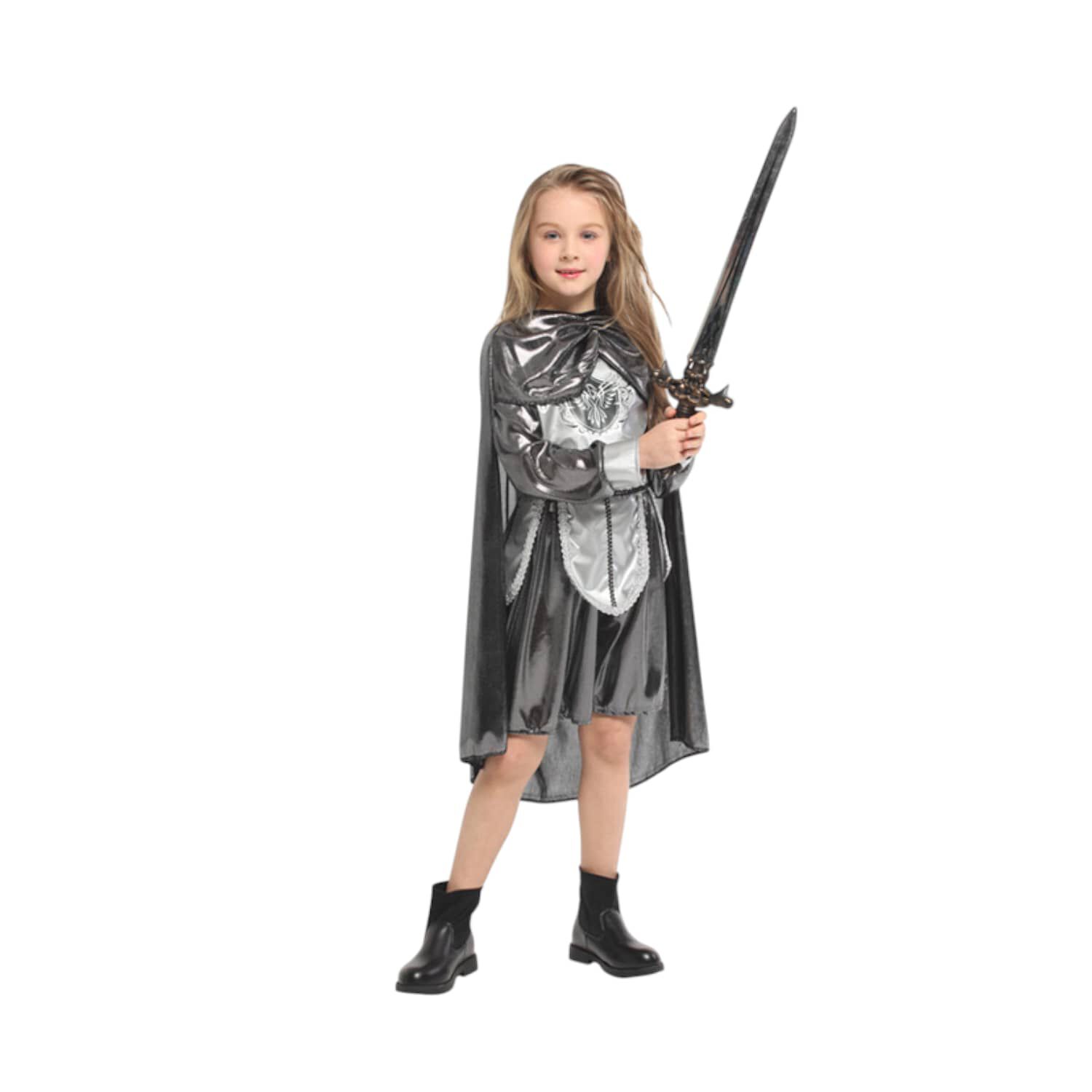 Disfraz Medieval De Guerrera Para Ni&ntilde;a Chile - Traje Plateado Con Capa Ideal Para Fiesta Y Halloween Nacional image number 4.0