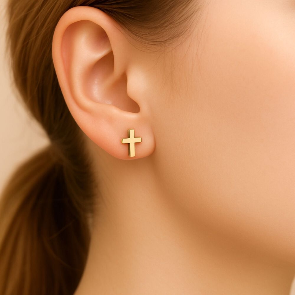Aros Cruz Oro 18k Nacional 10x5mm Atornillado 1gr Unisex Hipoalerg&eacute;nicos image number 3.0