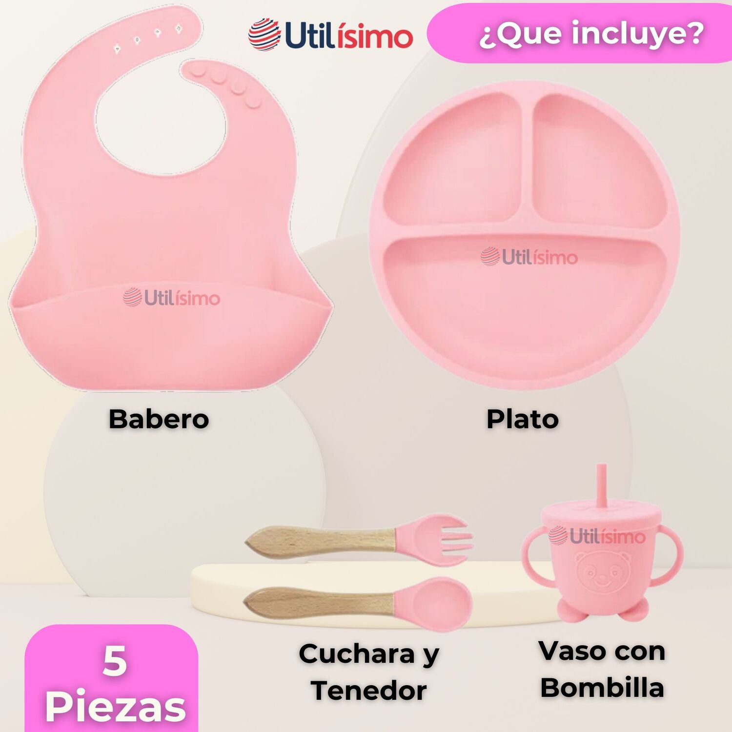 Set De Alimentaci&oacute;n Beb&eacute; Silicona Con Vaso 5 Piezas Libre Bpa Color Rosa Claro image number 6.0