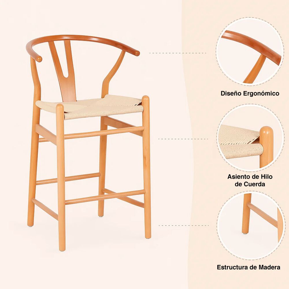 Pack De 2 Taburetes Wishbone Madera Y Hilo De Cuerda - Natural image number 4.0
