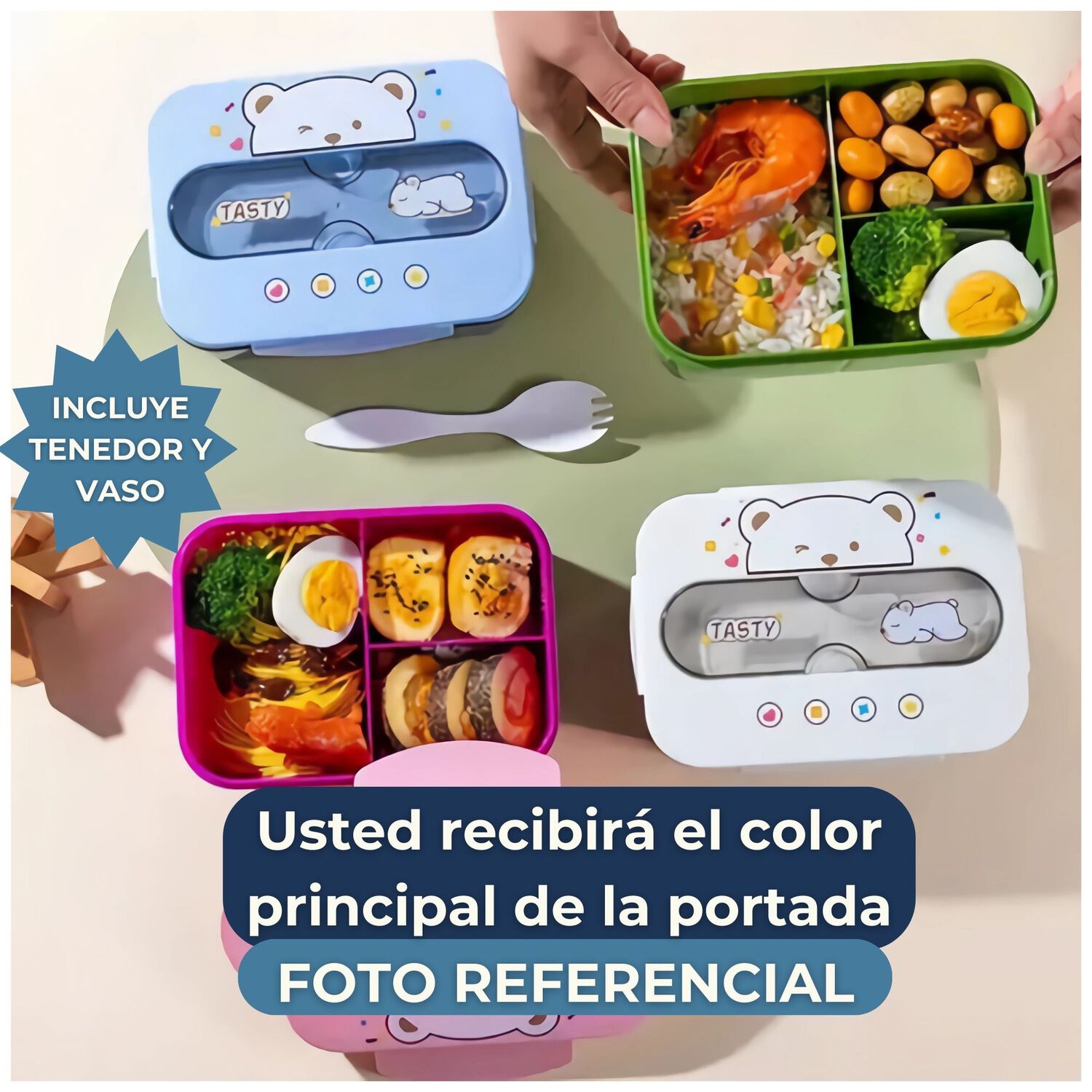 Fiambrera Contenedor Osito Tasty 1200 Ml + Cubiertos T&aacute;per Infantil Green image number 3.0