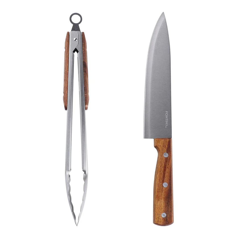 Set Parrillero Cuchillo + Tenazas Fontina Acero Mango Madera image number 0.0