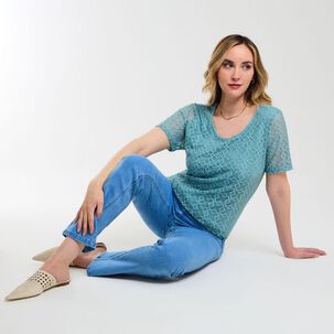 Polera Lace Delantero Manga Corta Cuello Redondo Mujer Geeps