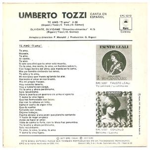 Umberto Tozzi - Te Amo (en Español) | 7" Single Vinilo Usado