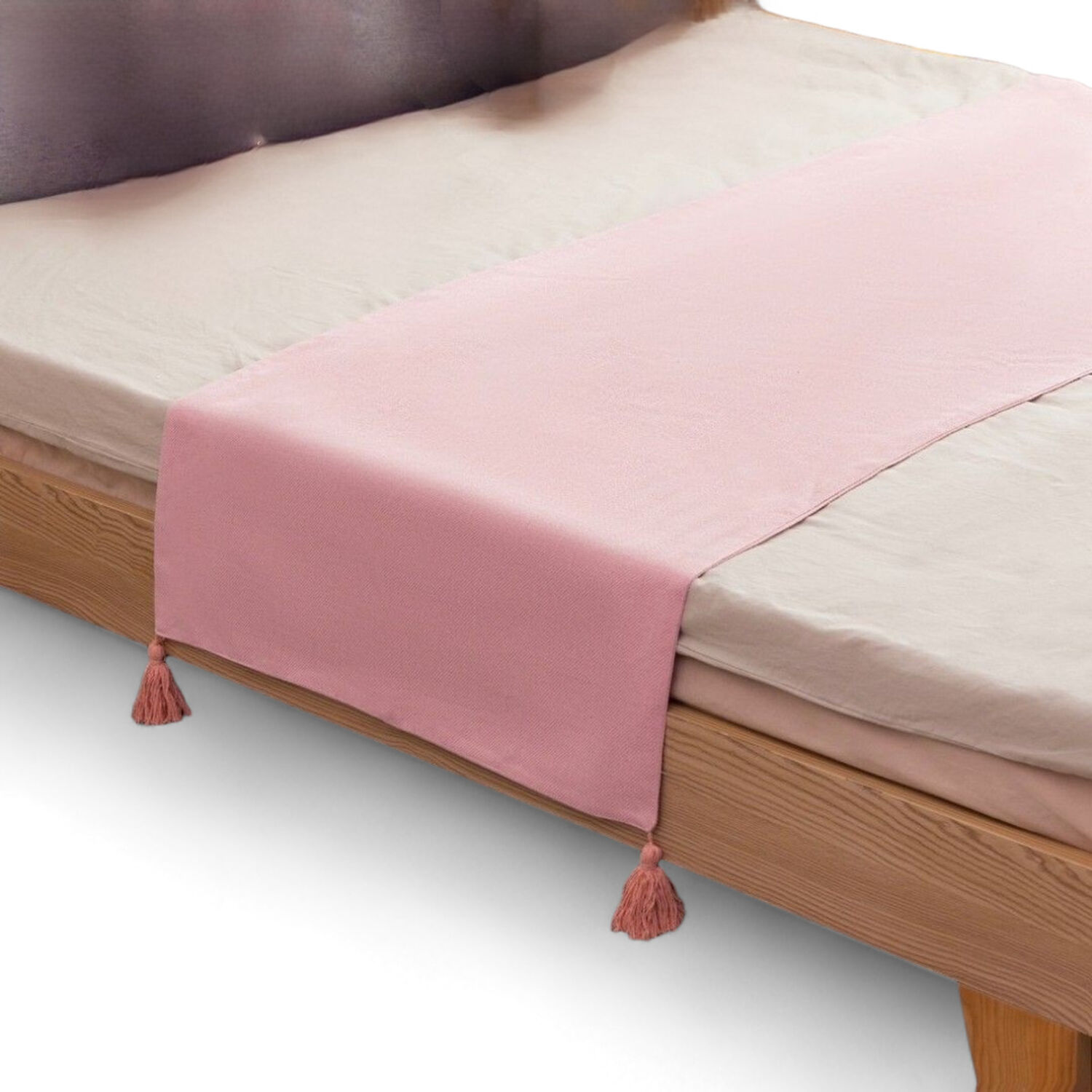 Piecera Para Cama 2 Plaza O King En Lino Con Pompones 70cm X 210cm Color Rosado image number 0.0