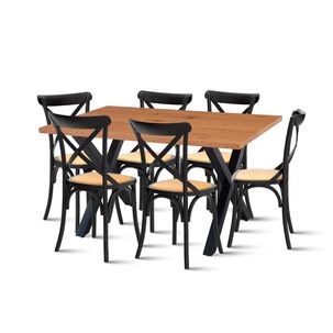 Comedor Mesa Color Madera Y Metal Cross 140x90 + 6 Sillas Crossback Madera Rattan Negra