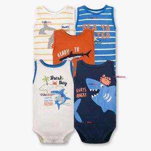 Pack 5 Bodys Ni&ntilde;o Sin Manga Tedmimak 100% Algod&oacute;n Baby Shark