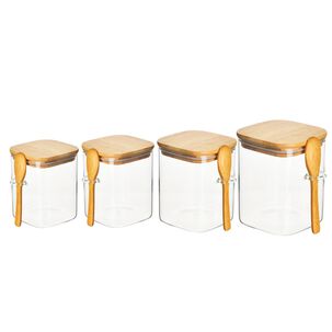 Set 4 Frascos Hermeticos Especias Tapa De Bambu Y Cuchara