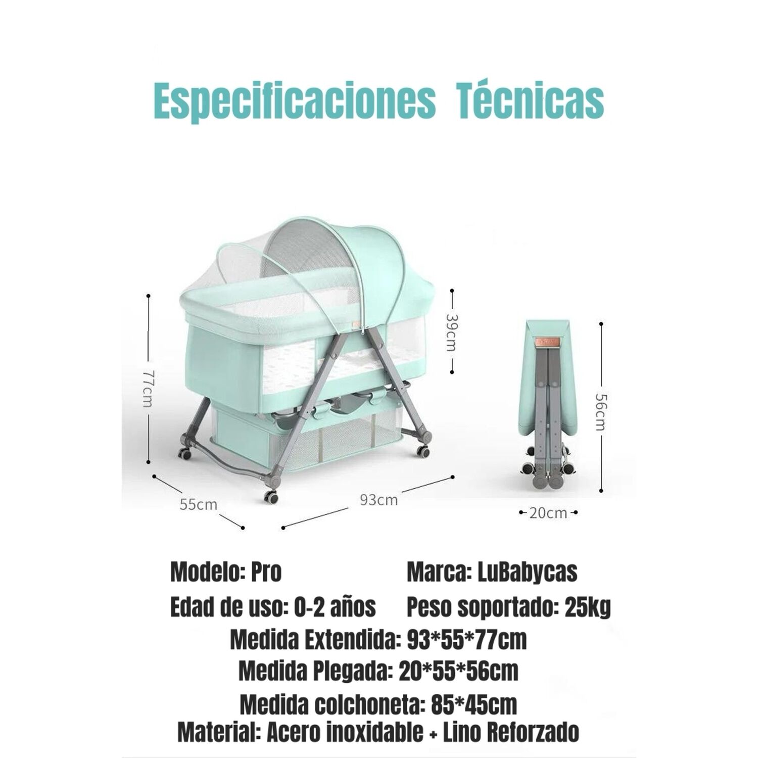 Cuna Beb&eacute; Mois&eacute;s Con Mosquitero Pro Gris Lubabycas image number 12.0
