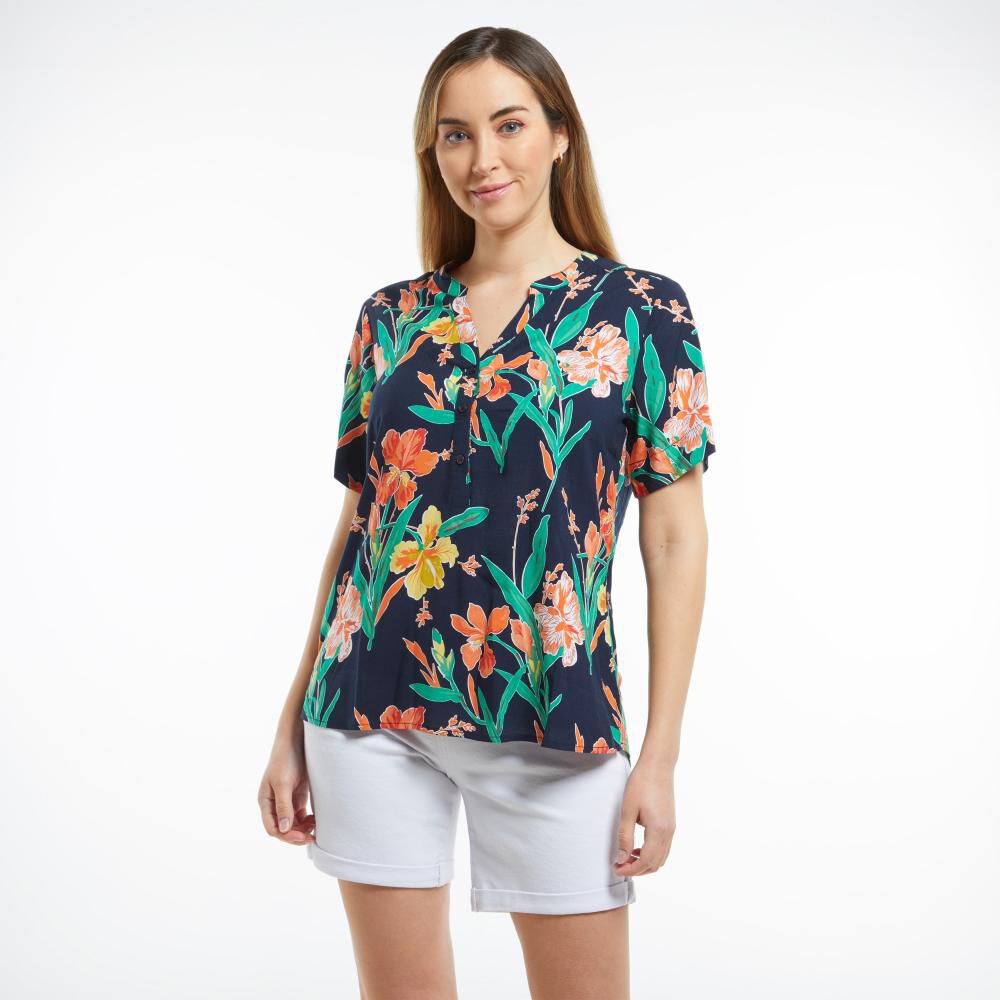 Blusa Full Print Flores Manga Corta Cuello Mao Mujer Geeps image number 0.0