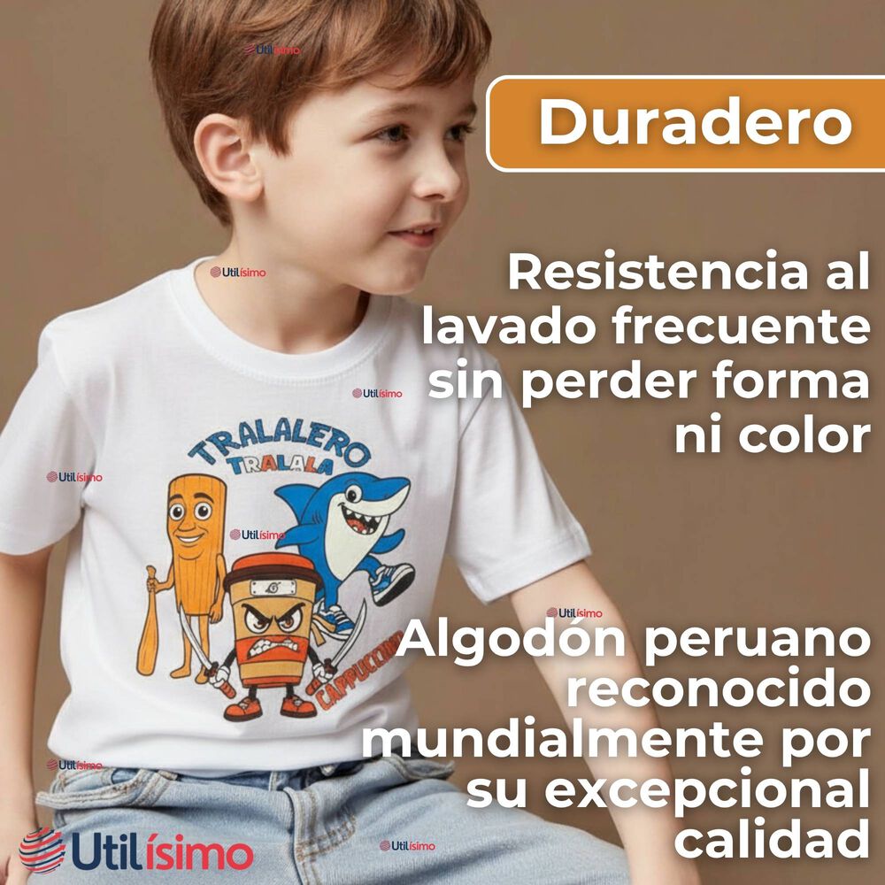 Polera Brainrots 100% Algodón Manga Corta Niño Tralalero Blanco image number 6.0