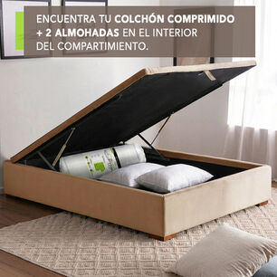 Cama Funcional Baul Full 1.35 Mt Colchon Comprimido New Top + 2 Almohadas Tela Beige