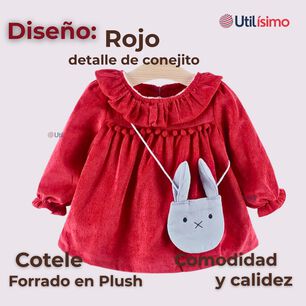 Vestido De Cotel&eacute; Con Bolso Conejo Forrado En Plush Ni&ntilde;a Color Rojo