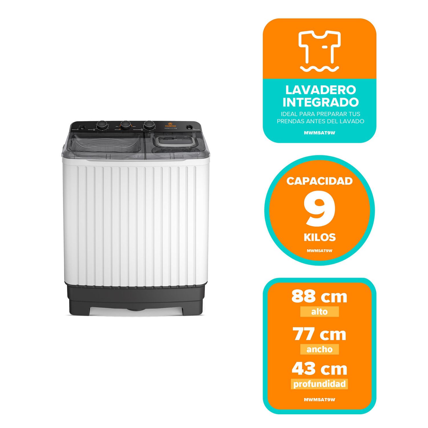 Lavadora Semi Autom&aacute;tica Mademsa 9kg Carga Superior Mwmsat9w image number 1.0