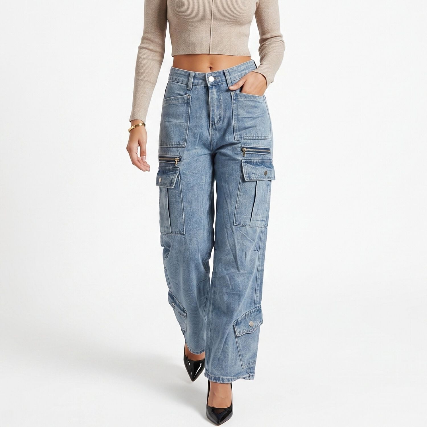 Pantalon Jeans Denim Cargo Wide Leg Mujer Oporto image number 0.0
