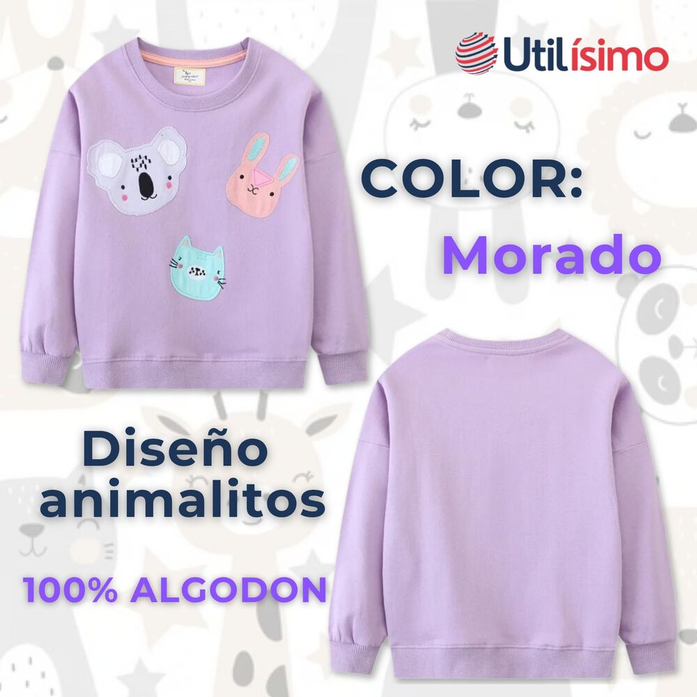 Poler&oacute;n Ni&ntilde;a Manga Larga 100% Algod&oacute;n Morado Animales image number 1.0