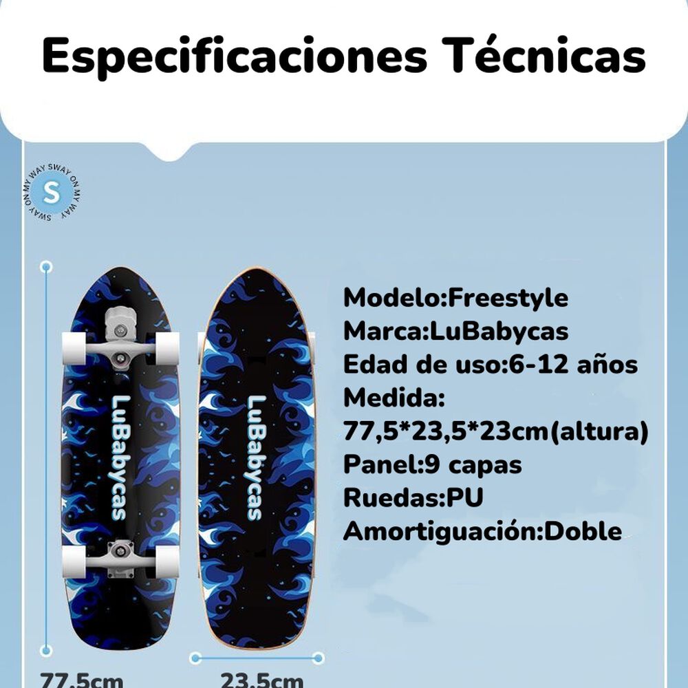 Skate Patineta De Madera Con Luces Freestyle Negra Lubabycas image number 2.0