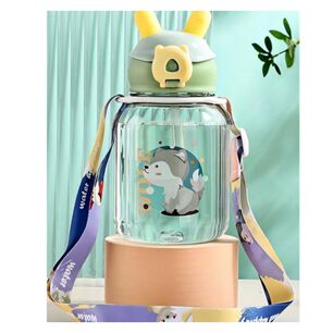 Botella Pl&aacute;stica 600ml Con Bombilla Y Correa Kawai Sin Bpa Ni&ntilde;os Wolf