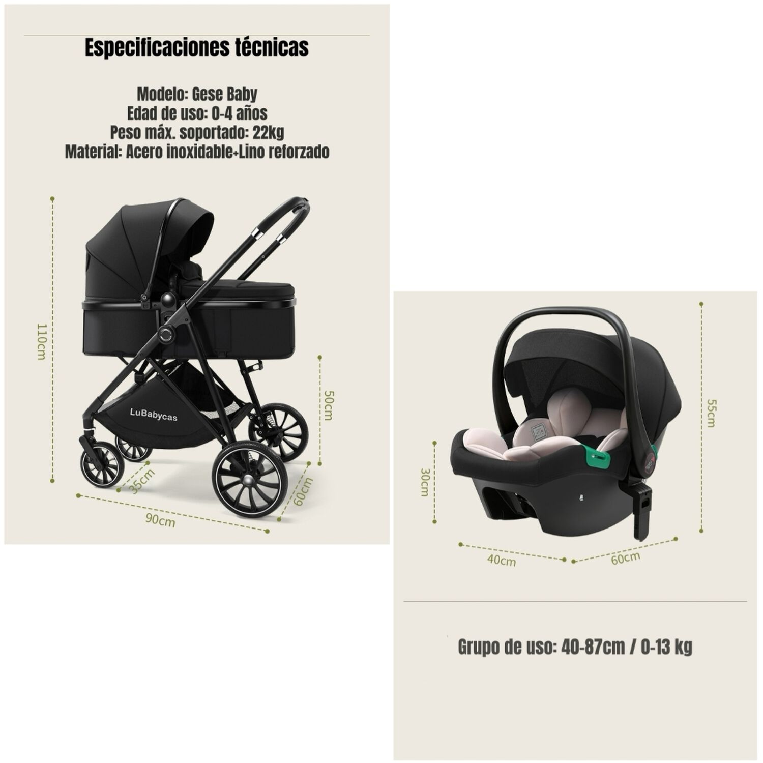 Coche Travel System Toldo 360&deg;gese Baby Negro Lubabycas image number 3.0