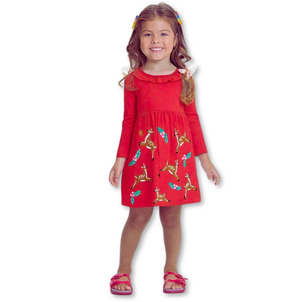 Vestido De Algodón Navidad Manga Larga Niña 2 A 7 Años Ciervos Rojos image number 0.0