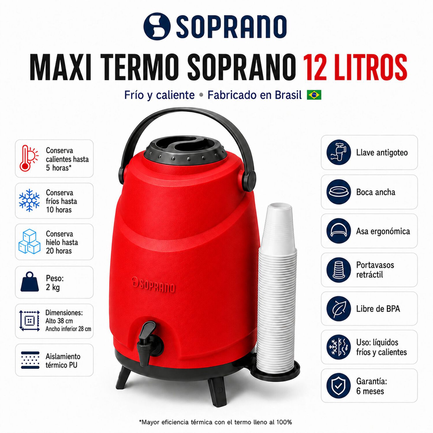 Maxi Termo 12 Litros Soprano Rojo Para Agua Fria Y Caliente image number 3.0