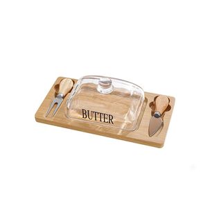 Set Mantequillera De Vidrio Con Base De Madera 3 Piezas