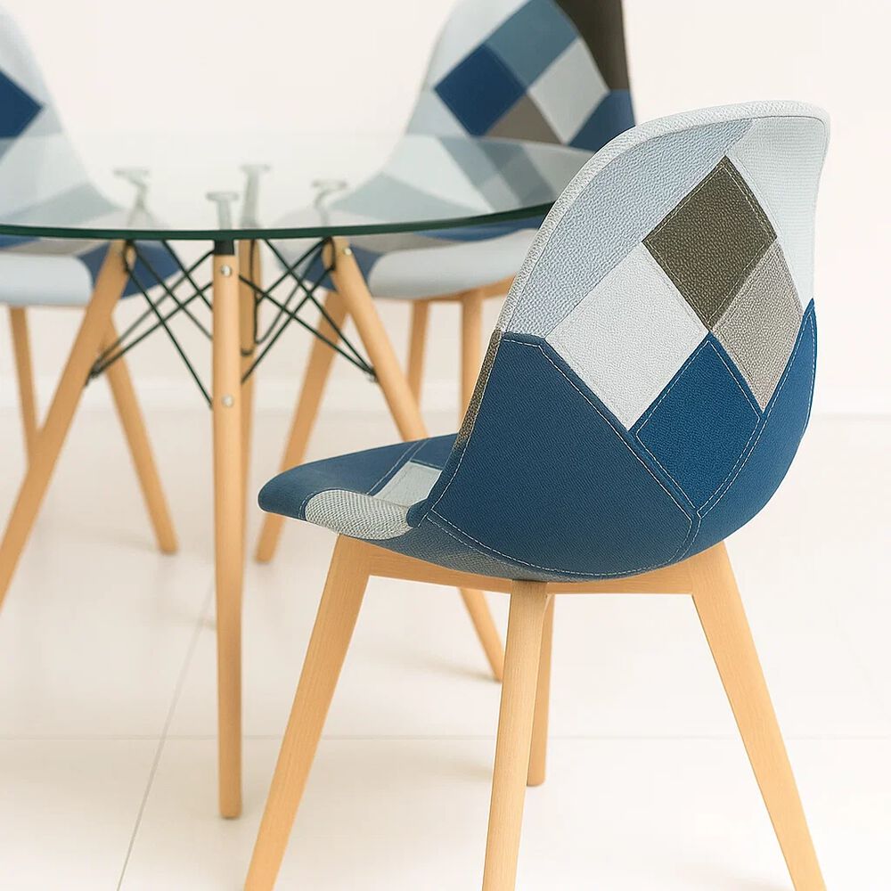 Comedor Mesa Eames Redonda Vidrio 100cm + 4 Sillas Eames Patchwork Tela Wood Celeste image number 7.0