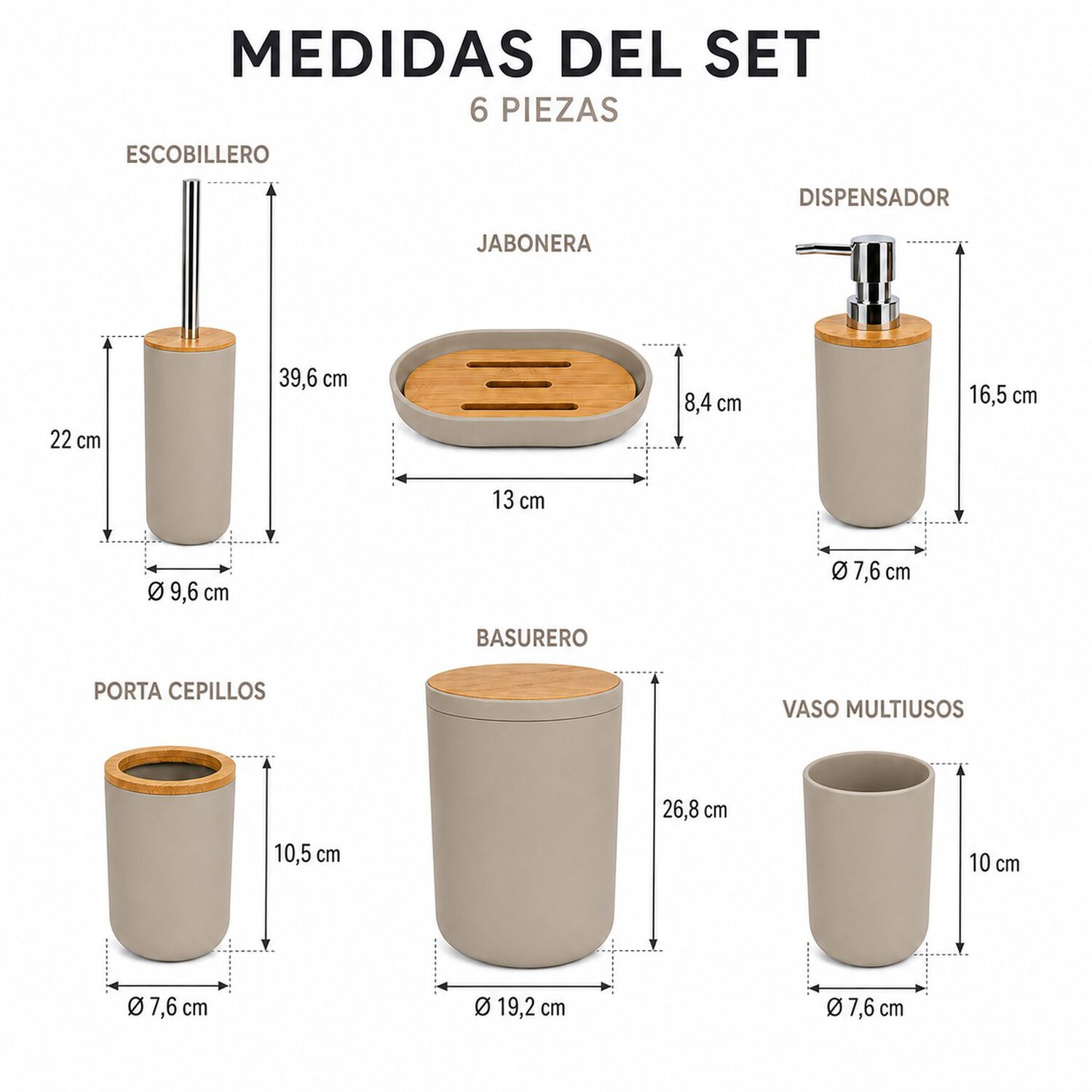 Set De Ba&ntilde;o Completo 6 Piezas De Abs Y Bambu Color Taupe Con Basurero Dispensador Y Escobilla image number 7.0