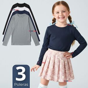 Pack 3 Poleras Camisetas Polar Primera Capa Cuello Redondo Manga Larga Colores Surtido Ni&ntilde;a