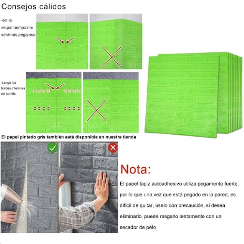 Pack 10 Lamina Papel Mural Autoadhesivo 3d Ladrillo Verde image number 4.0