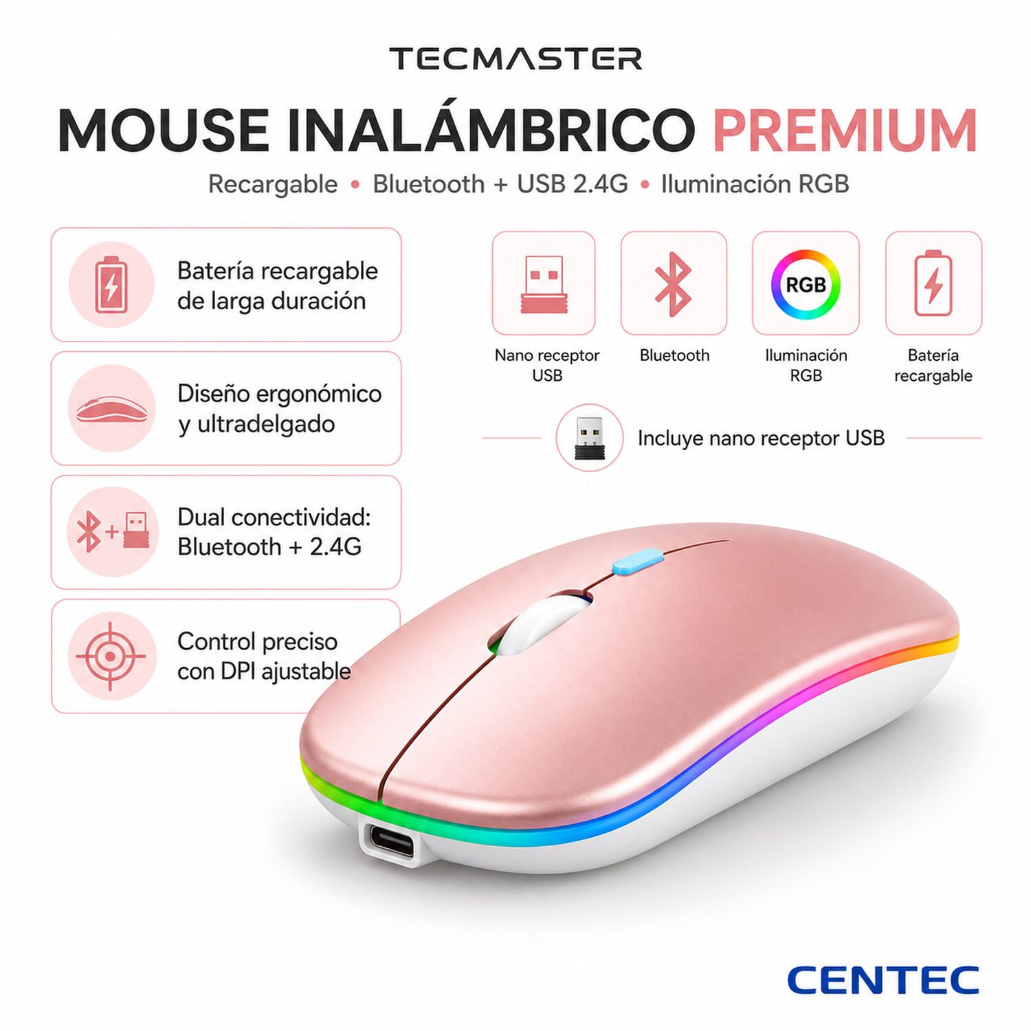 Mouse Dual Inal&aacute;mbrico Rosado Recargable Bluetooth + Usb 2g image number 7.0