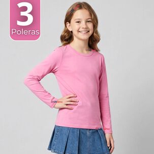 Pack 3 Camisetas Poleras Bamb&uacute; Cuello Redondo Rosado Oscuro Primera Capa Manga Larga Ni&ntilde;a