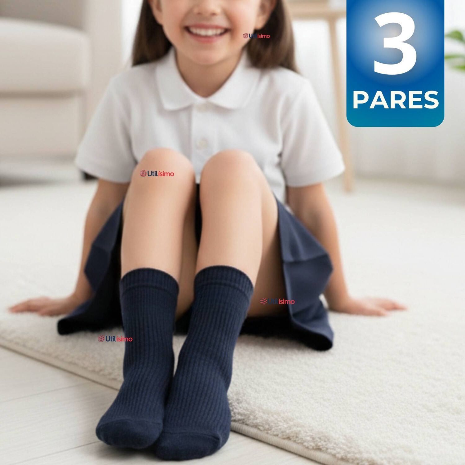Pack 3 Calcet&iacute;nes Escolares Corto Acr&iacute;lico Azul Ni&ntilde;o Y Ni&ntilde;a image number 0.0