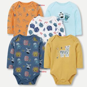 Pack 5 Bodys Manga Larga 100% Algod&oacute;n Beb&eacute; Ni&ntilde;o Friendly Safari