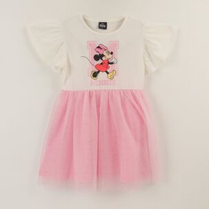 Vestido Manga Corta Ni&ntilde;a Rosado Tull Minnie Mouse Disney