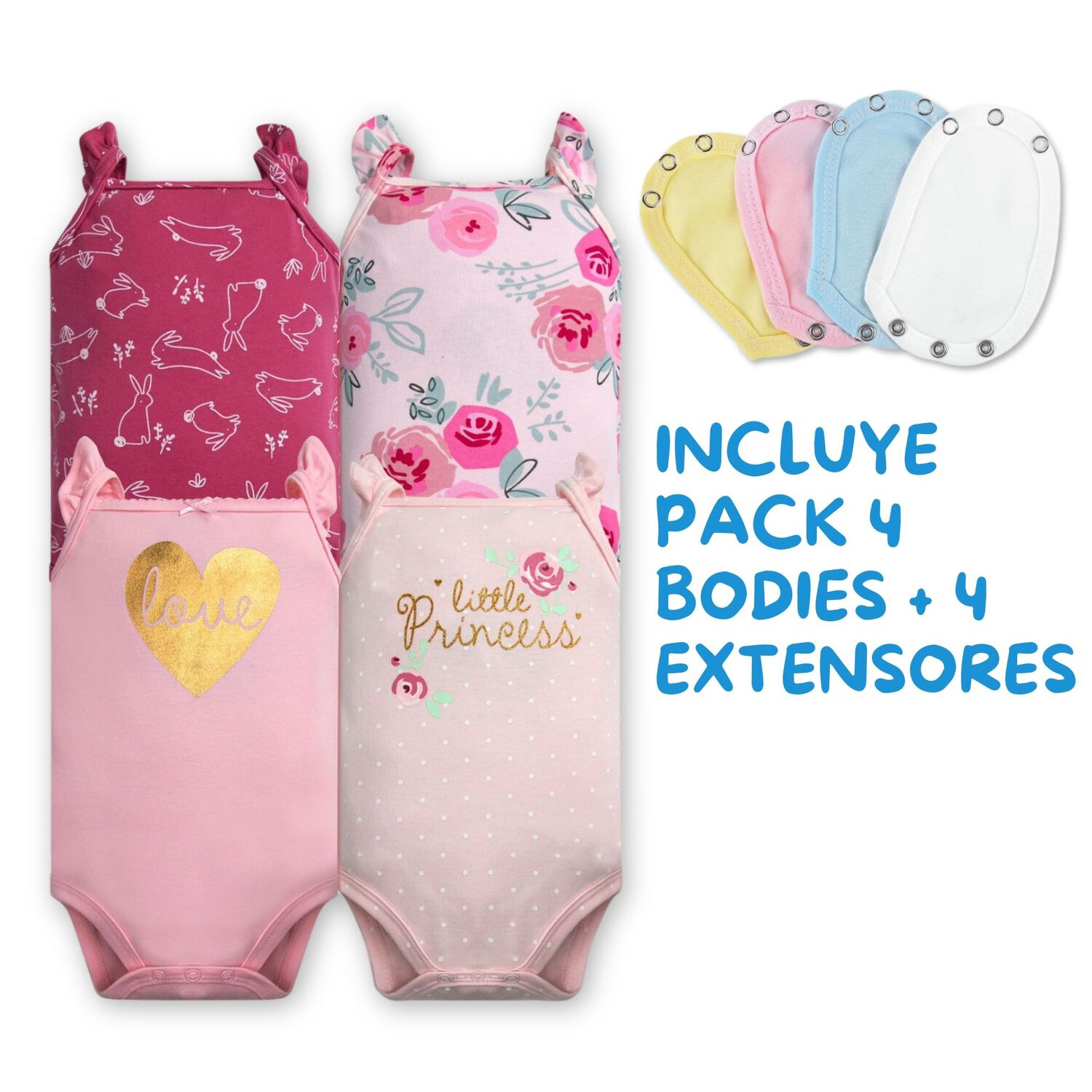 Pack 4 Unidades Extensor Body Beb&eacute; +pack 4 Bodys Algod&oacute;n Ni&ntilde;a Manga Corta Rosa Little Princess image number 1.0