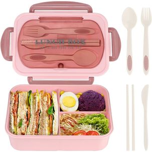Lonchera Hermética Rosa Con Compartimentos Y Cubiertos