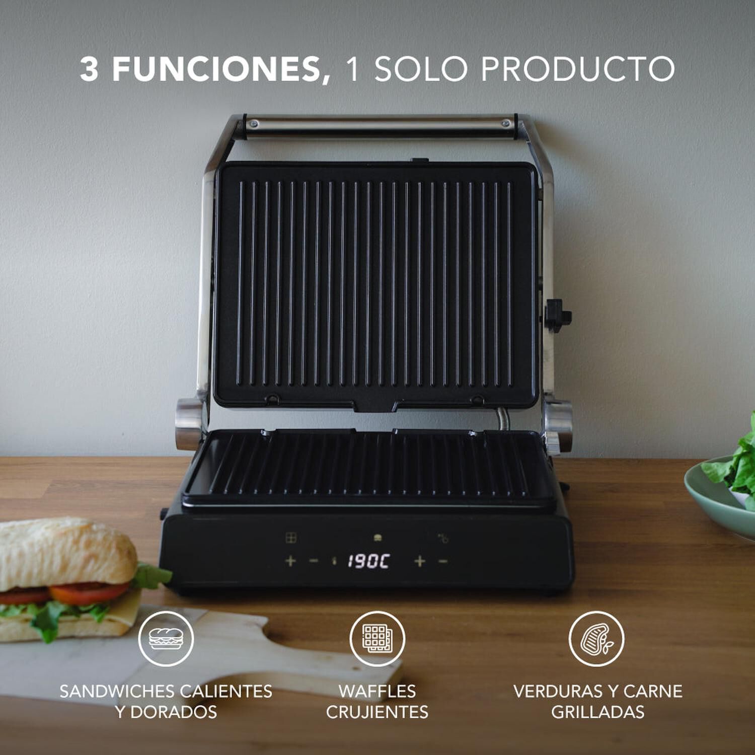 Plancha El&eacute;ctrica Iron Chef 3 En 1: Waflera, Sandwichera Y Grill image number 5.0
