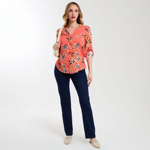 Blusa Full Print Manga Larga Roll Up Cuello V Mujer Geeps