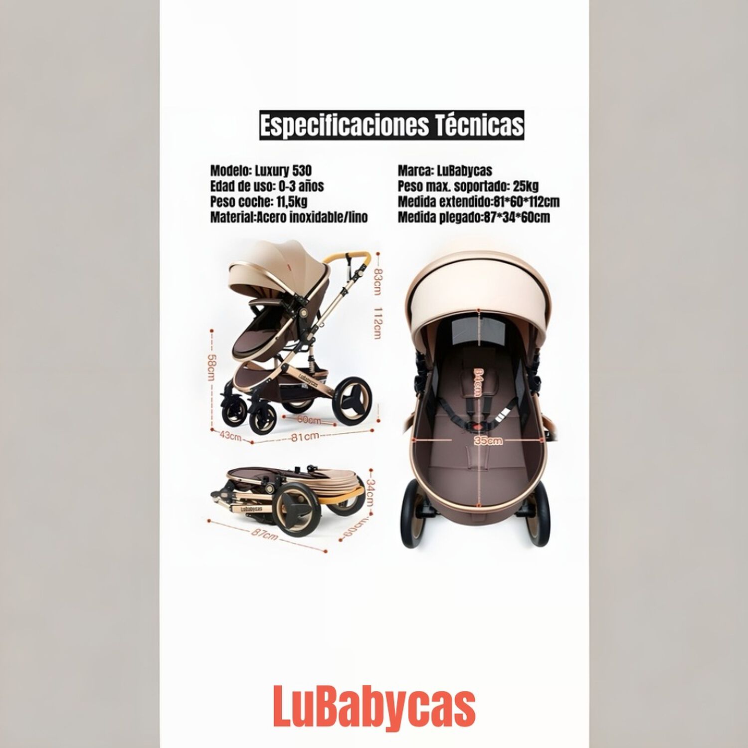 Coche Cuna Mois&eacute;s Con Accesorios Lubabycas Caf&eacute; image number 6.0
